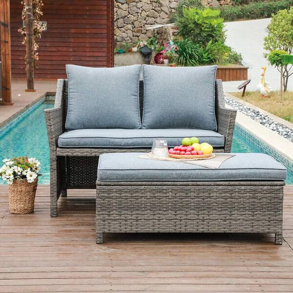 Orange Casual 3 Pieces Outdoor Wicker Loveseat Sofa Furniture Set with Ottoman Cushioned Seat Lounge Chair Couch for Patio Backyard Poolside 