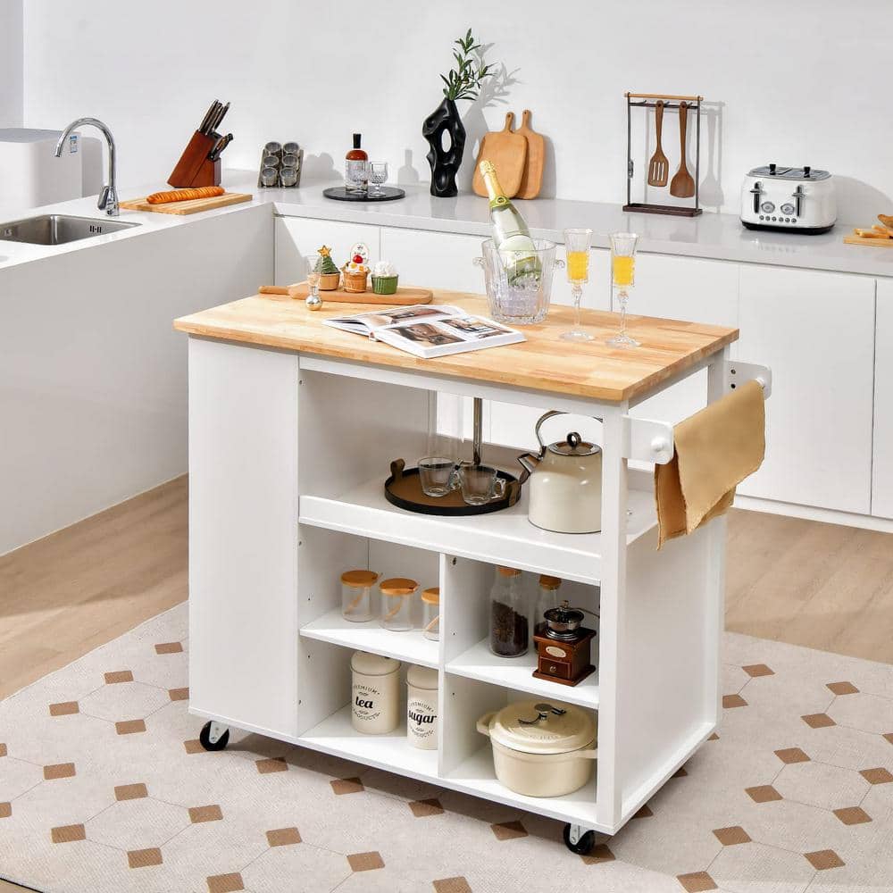 White Kitchen Cart with Rubber Wood Countertop and Storage Shelves