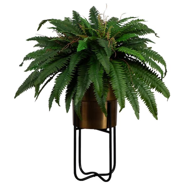 35 in. Artificial Green Boston Fern in Brass Metal Planter with Stand