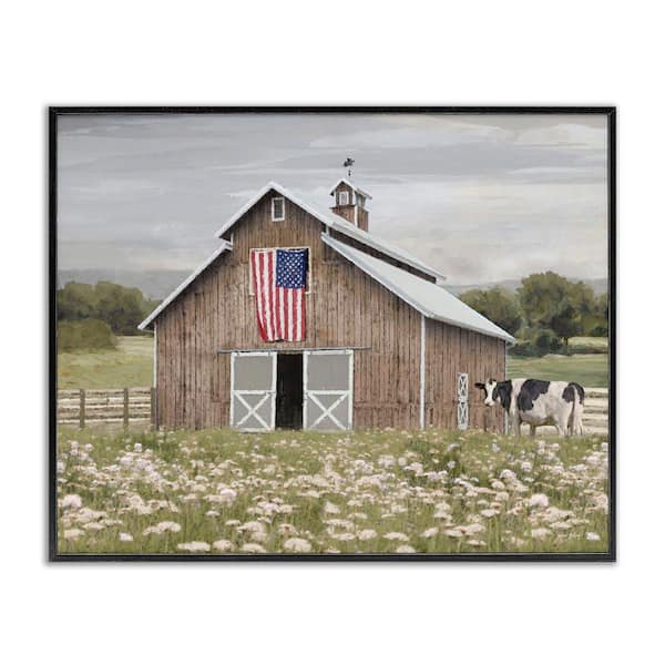 Stupell Industries Patriotic Barn & Cow by Amber Sterling Black Framed Nature Giclee Art Print 11 in. x 14 in.