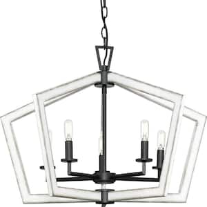 Galloway 5-Light 19.25 in. Matte Black Modern Farmhouse Chandelier with Distressed White Accents