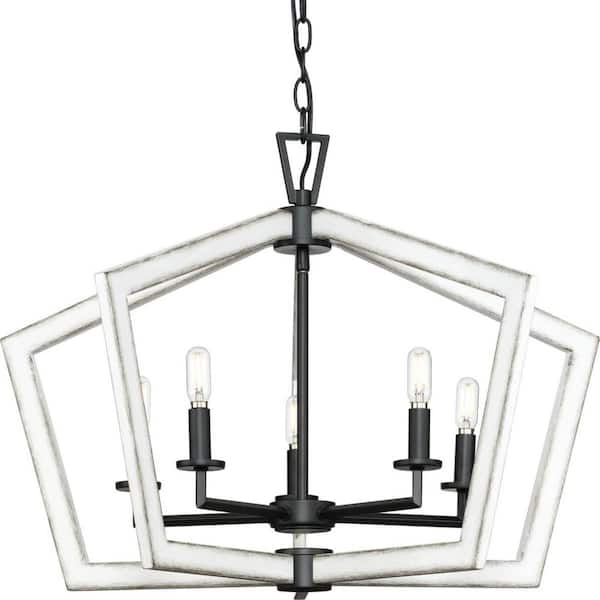 Progress Lighting Galloway 5-Light 19.25 in. Matte Black Modern Farmhouse Chandelier with Distressed White Accents