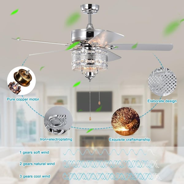 HKMGT Modern 52 in. Indoor Chrome Ceiling Fan with Hand Pull Chain