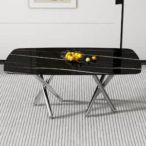 Modern Rectangle Black Faux Marble 77.17 in. Pedestal Dining Table Seats for 6