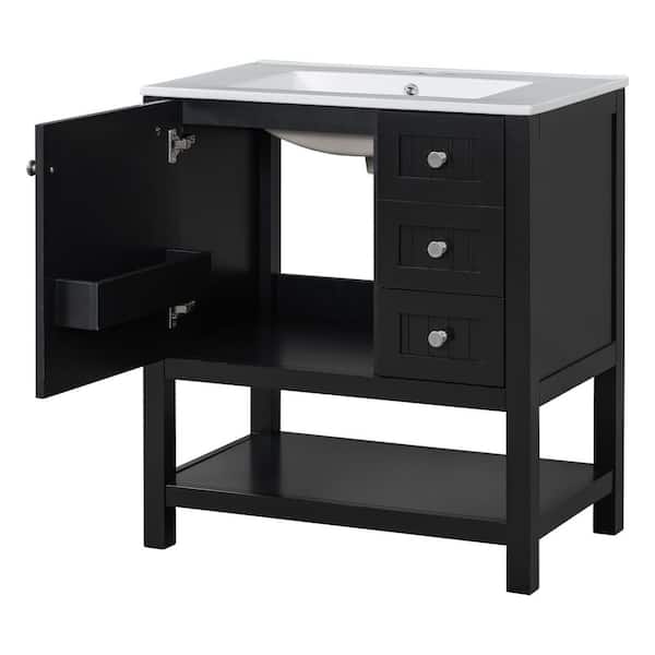 30 in. Single Sink Transitional Style Classic Black Cabinet Bath Vanity with White Ceramic Top