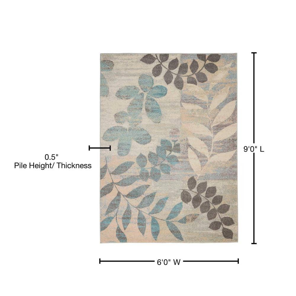 Ivory and Light Blue Floral Synthetic 6' x 9' Area Rug