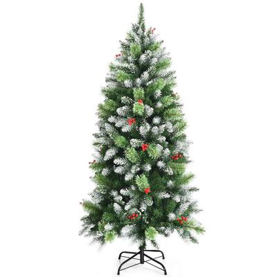 5 ft. Unlit Snowy Hinged Pencil Artificial Christmas Tree with Red Berries