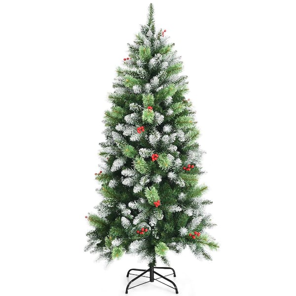 Gymax 5 ft. Snow Sprayed Pencil Artificial Christmas Tree Unlit Hinged Xmas Tree