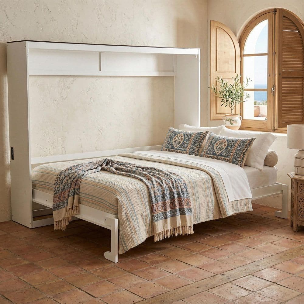 White Wood Frame Queen Murphy Bed with USB Ports, Space-Saving Wall Bed, Modern Foldable Cabinet Bed price history on PriceWatchPro