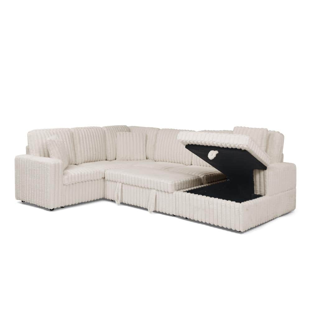 114 in. U-Shape 6-piece Corduroy Upholstered Sofa with Pull-out Bed and Storage Chaise Sectional Sofa in Beige