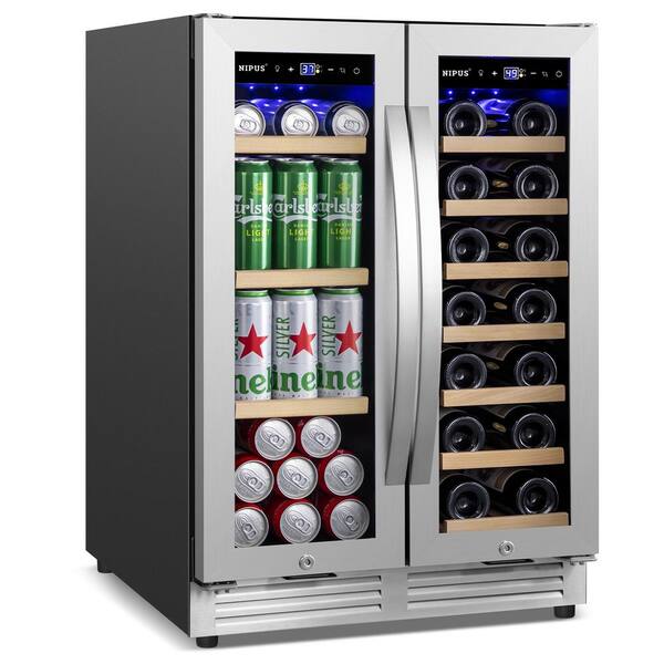 24 in. Dual Zone 20-Wine Bottles and 60-Cans Beverage & Wine Cooler in Silver Two Shapes of Door Handle Blue LED Lights