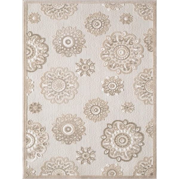 MILLERTON HOME Ava Taupe 5 ft. x 8 ft. Bohemian Floral Indoor/Outdoor Area Rug