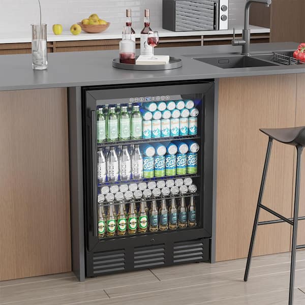 24 in. Single Zone 180-Cans Undercounter Freestanding/Built-in Beverage and Wine Cooler in Black