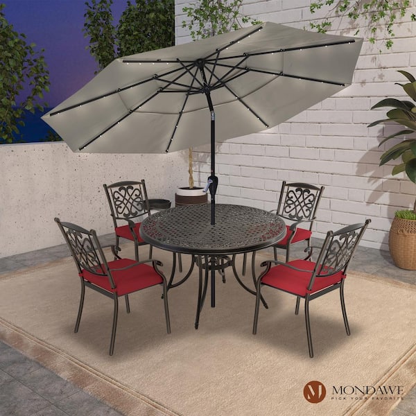 Cast Aluminum Outdoor Dining Chair with Flower-Shaped Backrest Patio Side Chair with Red Cushions (Set-4)