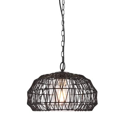 Diego 1-Light Matte Black Outdoor Indoor Plug-In Pendant Light with Woven Fabric Shade and Designer Black Fabric Cord