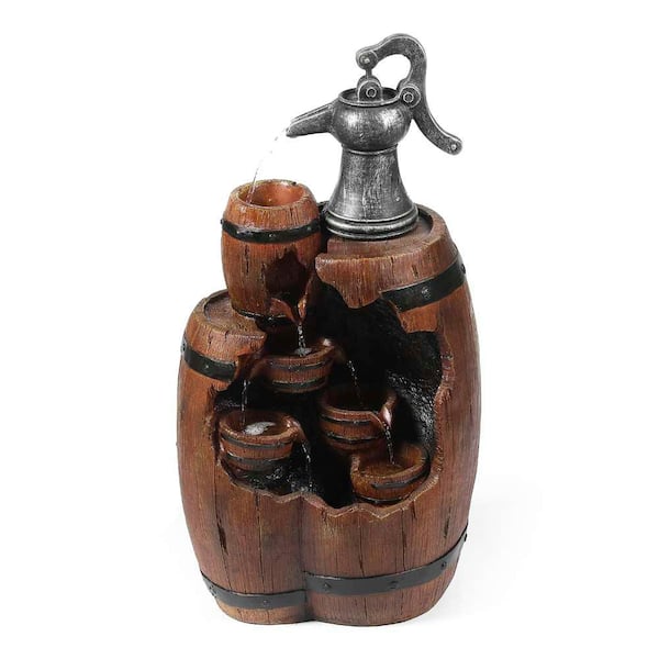 LuxenHome Polyresin Water Pump and Large Whiskey-Barrel Patio Cascade Fountain