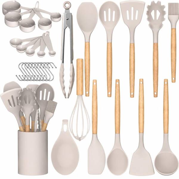 Khaki Silicone 33-Piece Kitchen Cooking Utensils Set with Holder and Wooden Handles