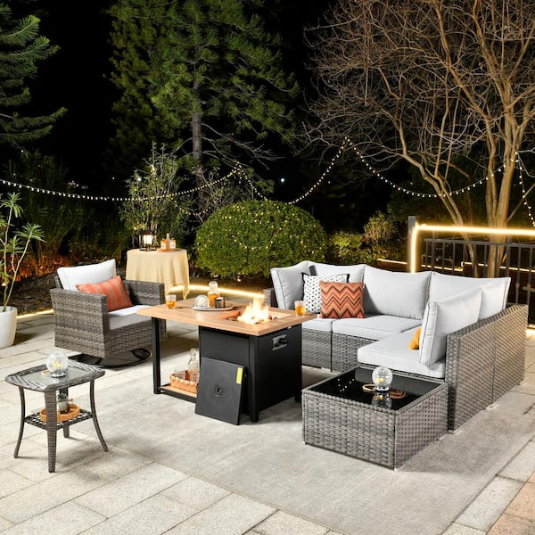 Toject Sanibel Gray 8-Piece Wicker Patio Conversation Sofa Set with a Swivel Chair, a Storage Fire Pit and Light Gray Cushions