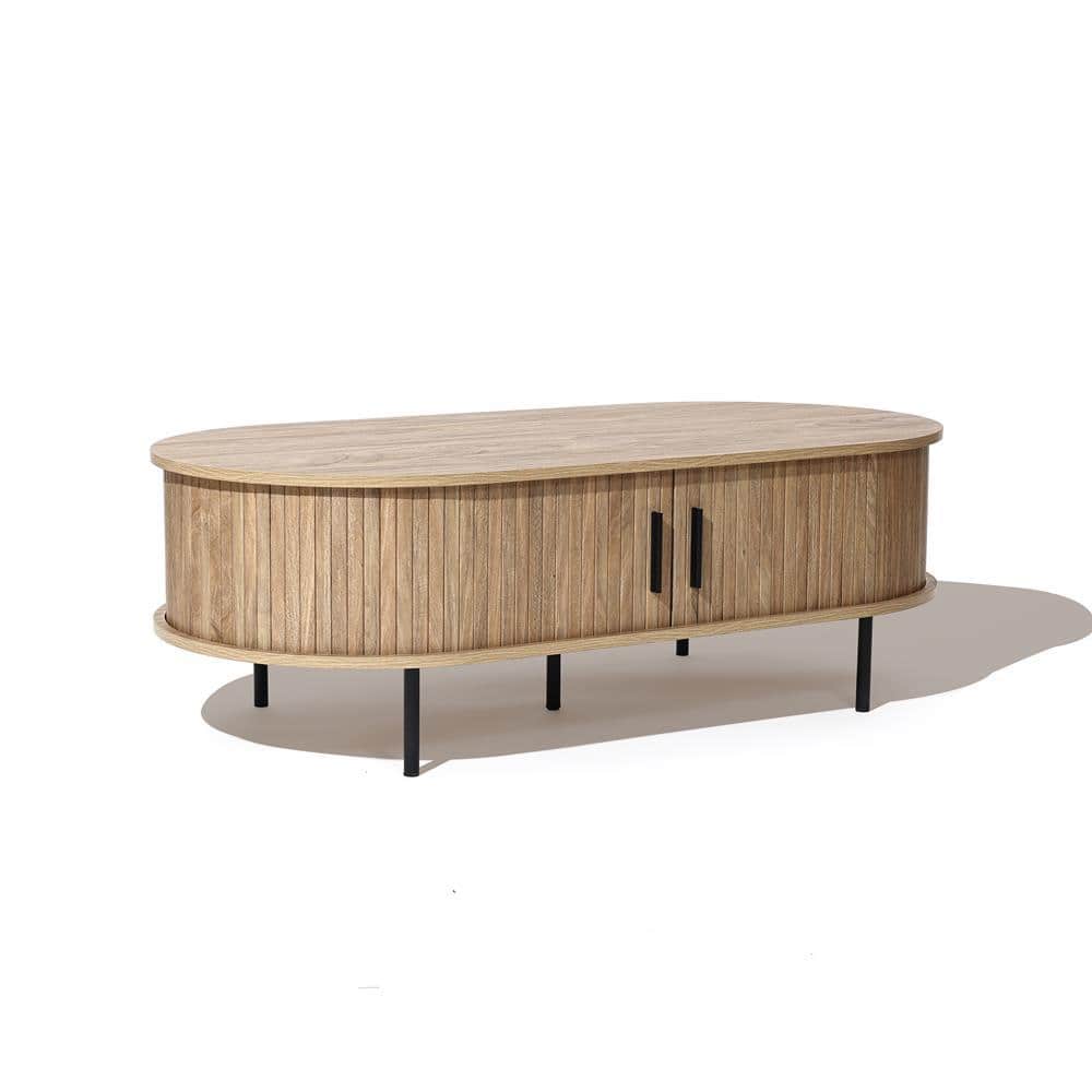Mid-Century Modern Oval Oak Coffee Table with Storage