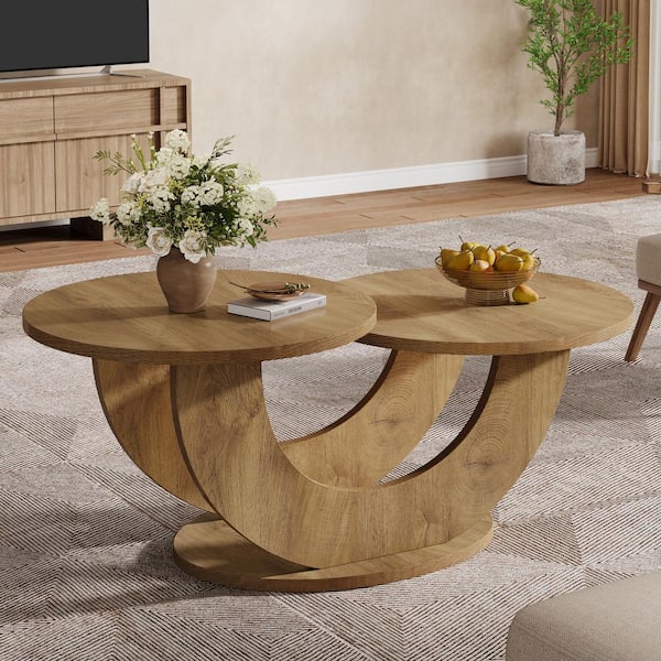 Allan 45.3 in. Brown Round Wood Coffee Table with U-Shaped Frame, 2-Tier Farmhouse Coffee Table