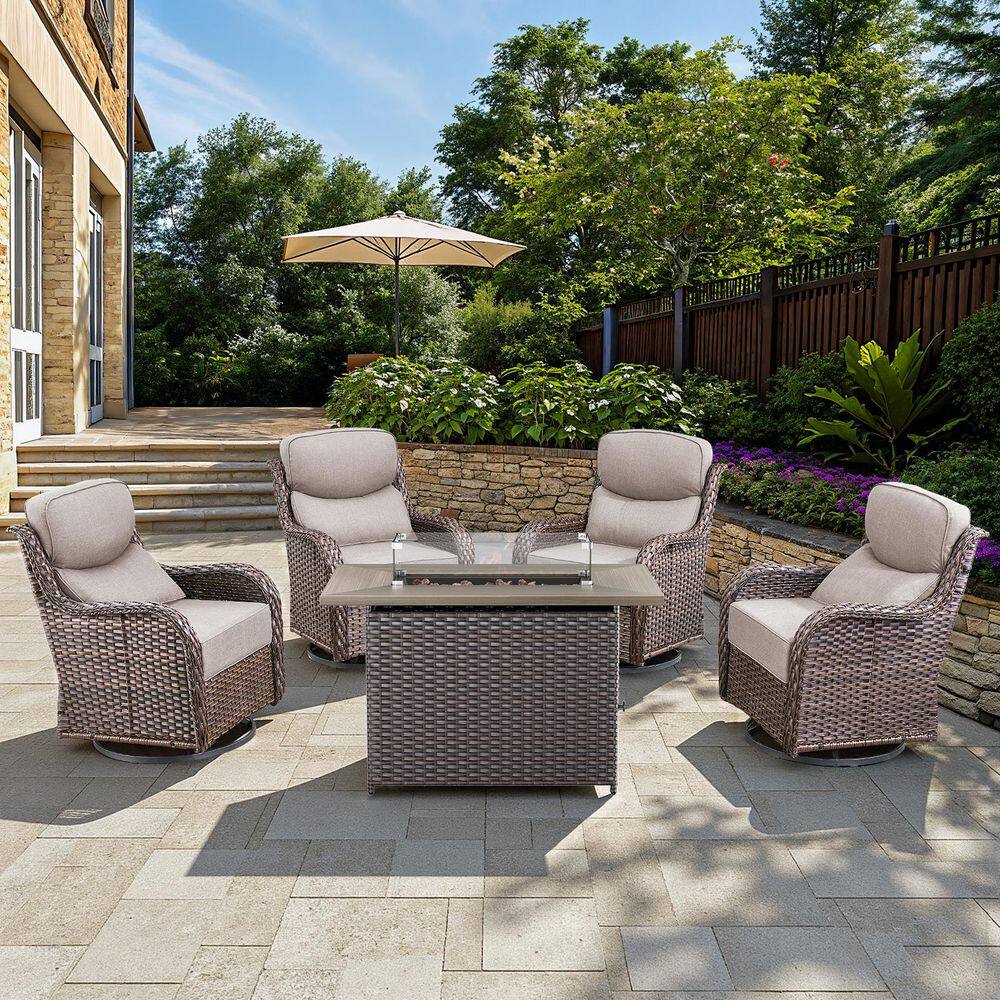 Arcadia Brown 5-Piece Wicker Patio Fire Pit Set, 4-Person Seating Set with Olefin Beige Cushions and Swivel Gliders price history on PriceWatchPro