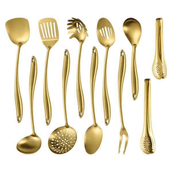 Stainlss Steel Kitchen Utensils Set with Spatula, Spoon, Ladle, Skimmer, Turner, Pasta Server, Tongs, Gold