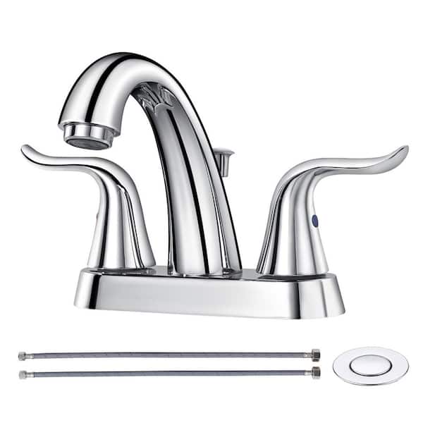 AVITAS Modern High Arc 4 in. Centerset Double Handle Bathroom Faucet with Lift Rod Drain Kit in Polished Chrome