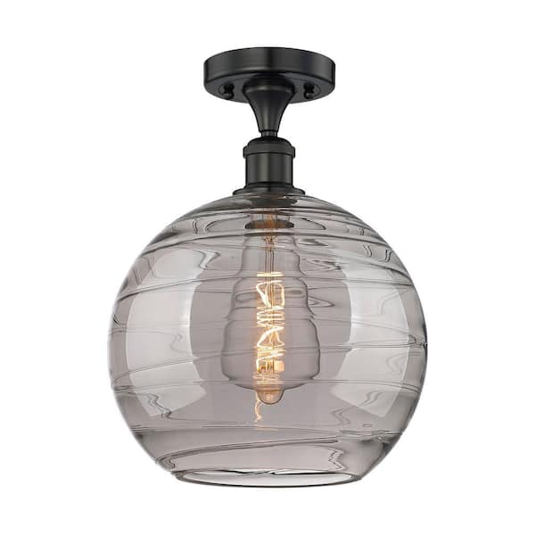 Athens Deco Swirl 12 in. 1-Light Matte Black Industrial Semi-Flush Mount with Smoked Glass Shade