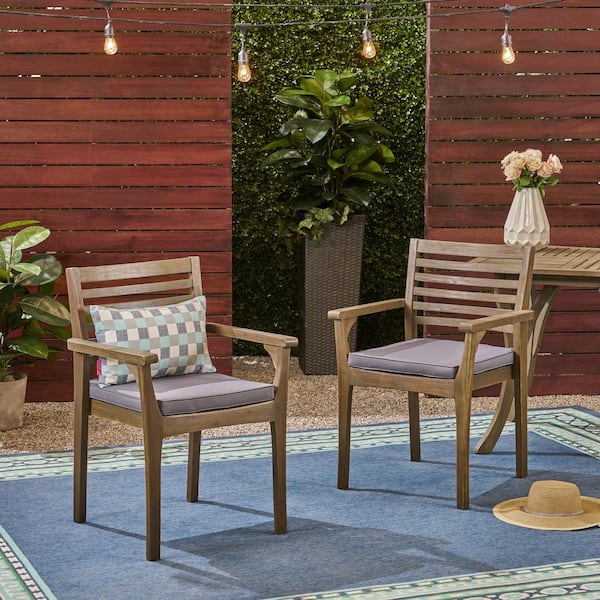 Unbranded Set of 2 Outdoor Acacia Wood Dining Chairs for Backyard Patio Lawn with Cushion, Dark Gray