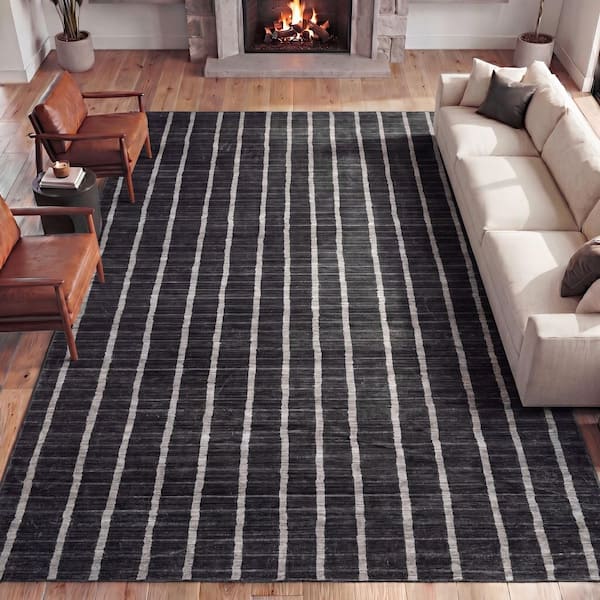 Orton Distressed Ticking Stripe Non-Slip Machine-Washable Charcoal/Cream 8 ft. x 10 ft. Area Rug