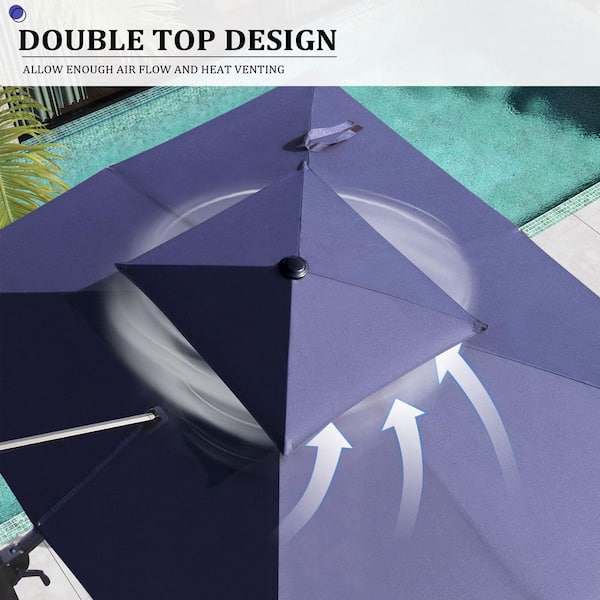 9 ft. x 11 ft. Dual Top Outdoor Offset Cantilever 360° Rotation Patio Umbrella in Navy Blue with 350 lbs. Weighted Base