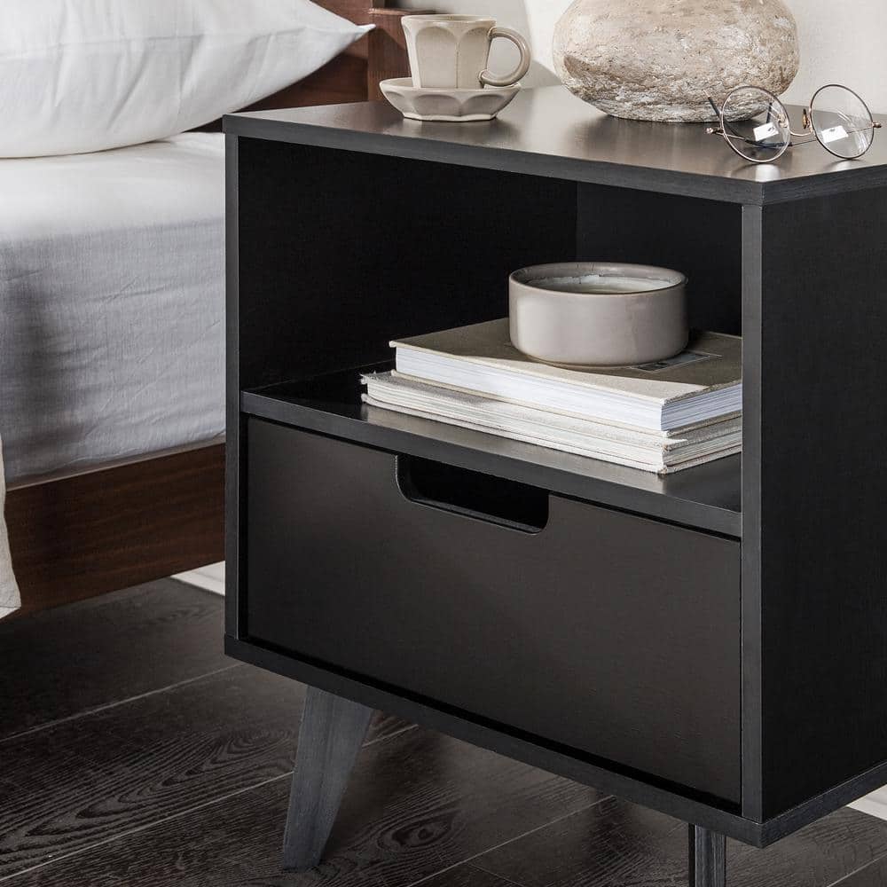 Black MDF 1-Drawer Nightstand with Open Cubby