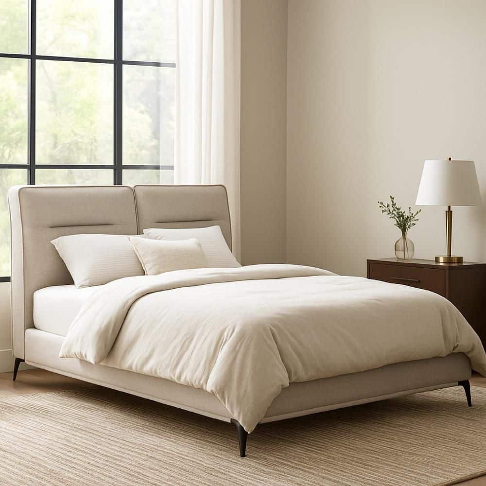 Benjara Lomp Mist Sand Brown Wood Frame King Panel Bed with Upholstered ...