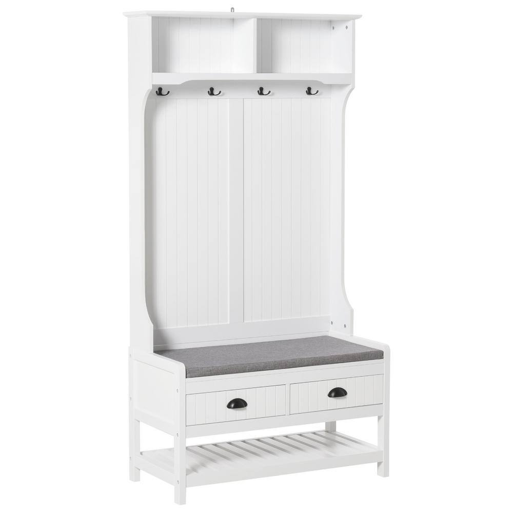 White Hall Tree with Storage Drawers and Hooks