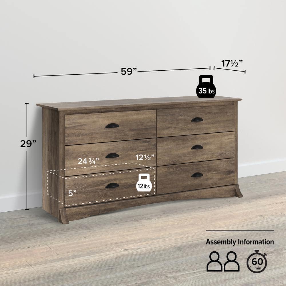 Drifted Gray Coastal Double Dresser with Six Drawers