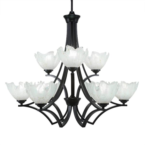 Unbranded Clevelend 9-Light Matte Black Chandelier, Round Chandelier with 7 in. Gold Ice Glass Shades, No bulbs included