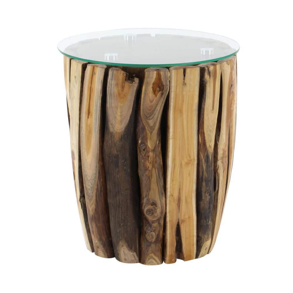 Rustic Brown Teak Wood Round Accent Table with Glass Top