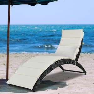 Wicker Outdoor Chaise Lounge with Beige Cushions
