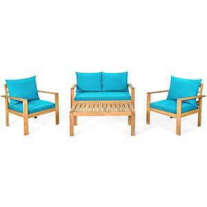 4-Piece Acacia Wood Patio Conversation Set with Turquoise Cushions and Wood Slat Top Table