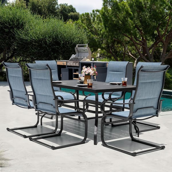 Black 7-Piece Metal and Padded Textilene Rectangle Outdoor Dining Set with 1.6 in. Umbrella Hole, C-Spring Patio Chairs