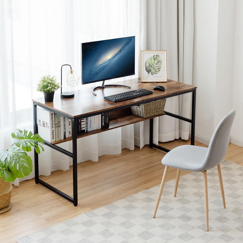 Antique 55'' Industrial Wood and Metal Computer Desk with Storage Shelf