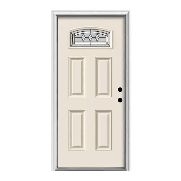 JELD-WEN 32 in. x 80 in. 4 Panel Left-Hand/Inswing 1/4 Lite Decorative Glass Primed Fiberglass Prehung Front Door w/Brickmould