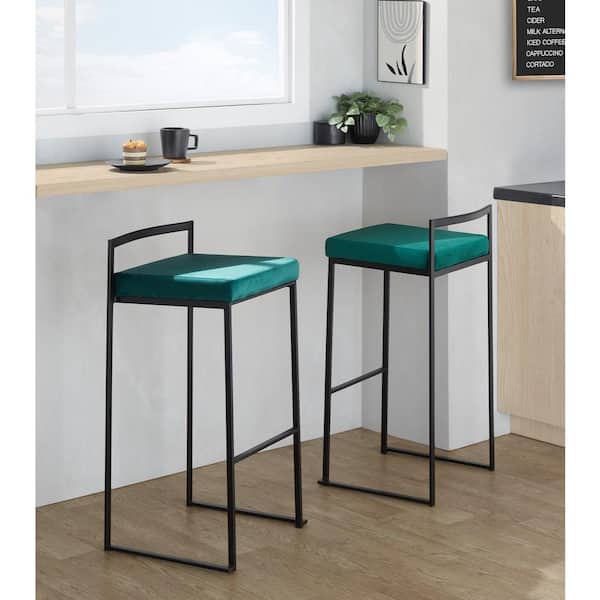 LumiSource Fuji 30.75 in. Green Velvet and Black Metal Fixed-Height Bar Stool (Set of 2)