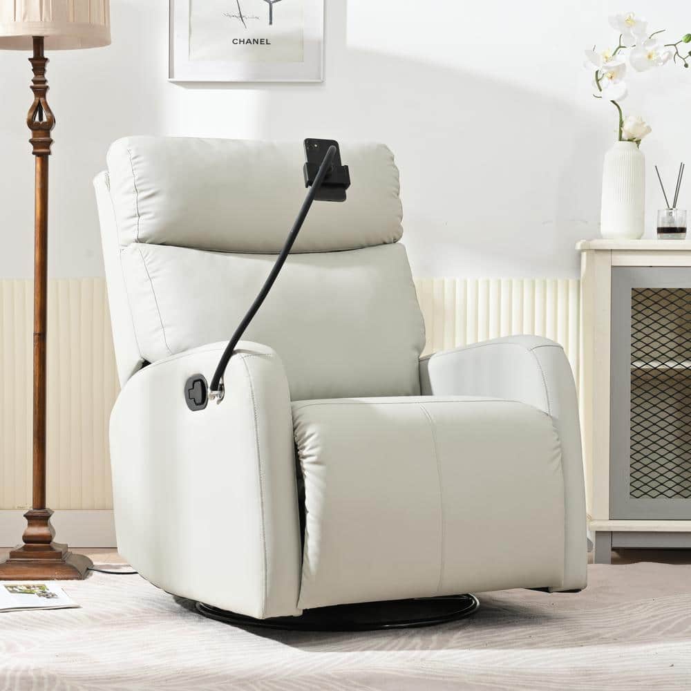 Light Gray Faux Leather Swivel Recliner with Metal Frame