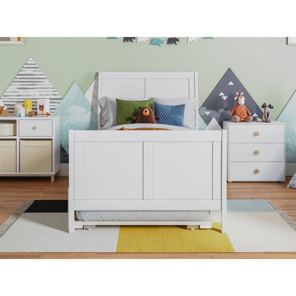 White Twin Solid Wood Platform Bed with Trundle and Headboard