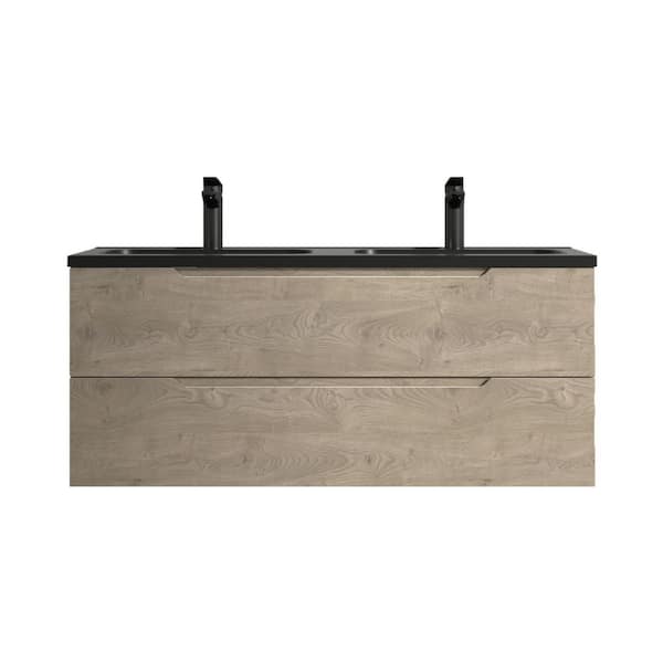 Combo 48 in. Double Evita Oak Bath Vanity Wall-mounted Floating Vanities with Matte Black Resin Stone Top 2-Drawers