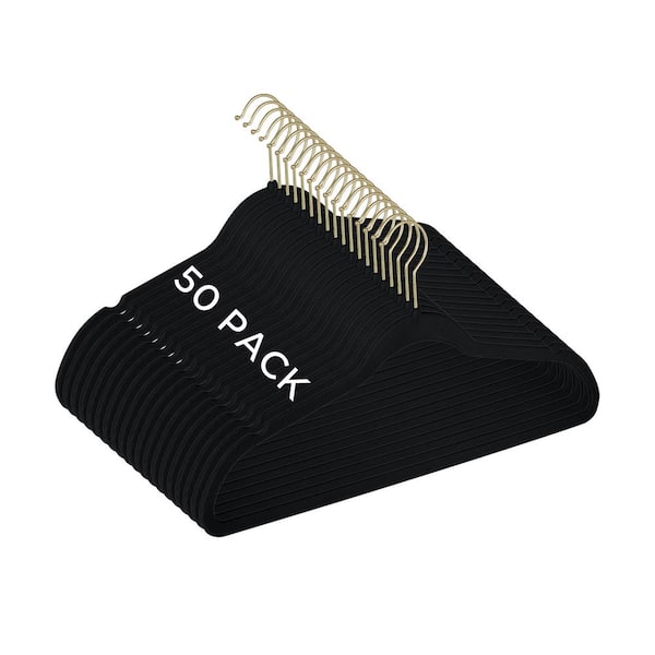 50 Pack Slim Velvet Gold Hook Hangers in Black