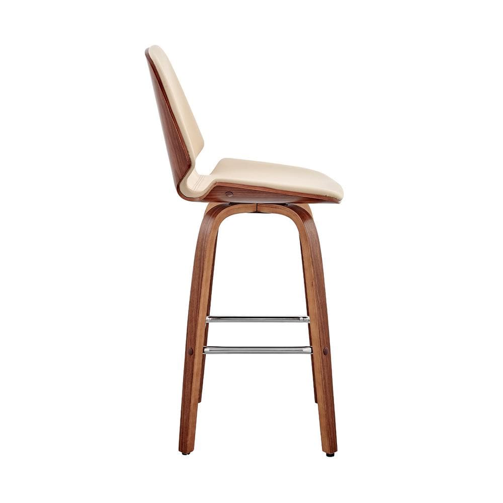 Cream Faux Leather and Walnut Wood Swivel Bar Stool