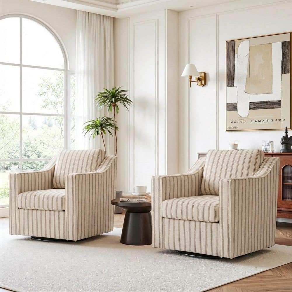 Uixe Modern Pinstripe Light Brown Linen Upholstered Swivel Accent