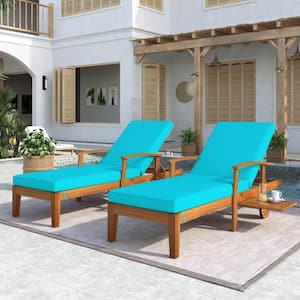 2-Piece Solid Wood Outdoor Chaise Lounge Patio Reclining Daybed with Blue Cushion, Wheels and Sliding Cup Table